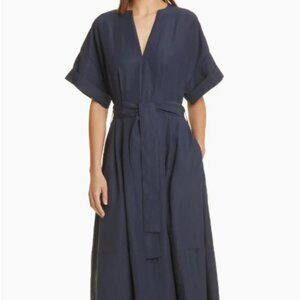 VINCE split neck Navy cotton Dress NWT